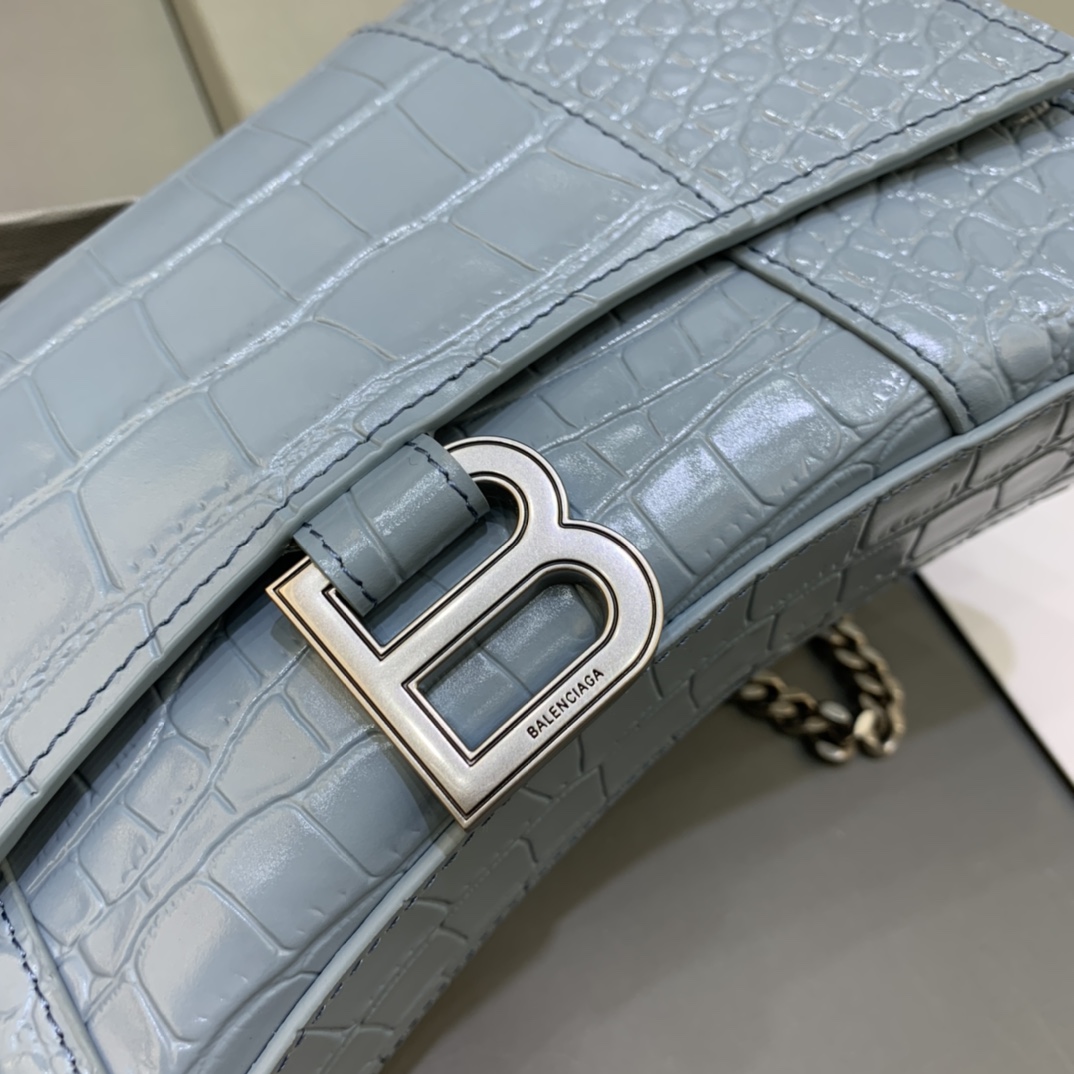 Balenciaga Big Hourglass Wallet With Chain Crocodile Embossed Shoulder Bag Light Blue